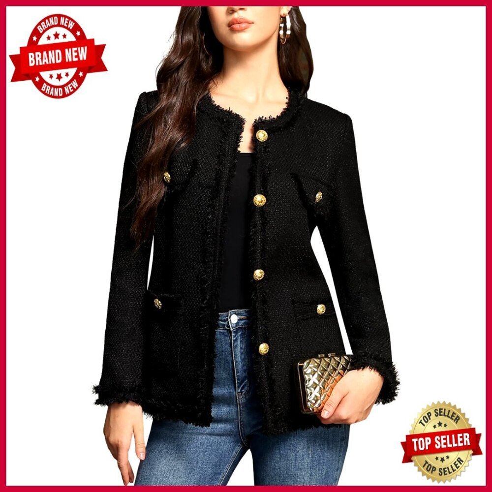 Women's Tweed Blazer with Pockets, Long Sleeve Open Front Cardigan